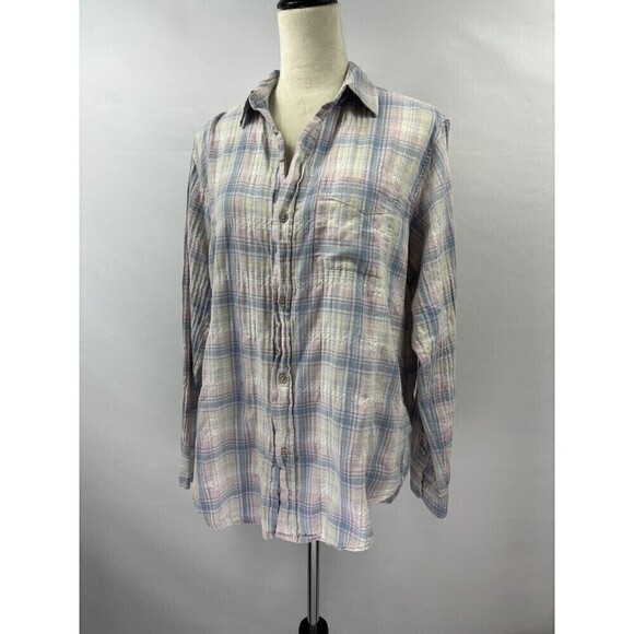 Current Elliott Prep School Button Down Desert Plaid Cream Blue Size Medium 2 - Picture 2 of 11